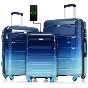 Ensemble bagages 3pcs 20po, port USB, coquille dur bleu