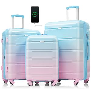 Ensemble valises 3, 20", USB, certifié cabine, bleu rose