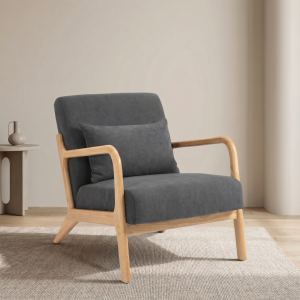 Fauteuil mid-century, cadre bois, coussin lombal