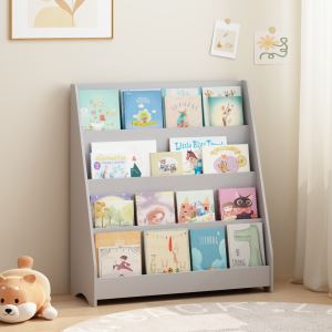 Bibliothèque 4 étages enfants, gris, MDF, rangement organisé