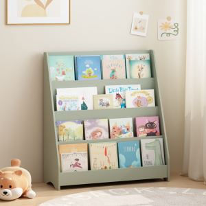 Bibliothèque 4 étages enfants, sauge, MDF, rangement organisé