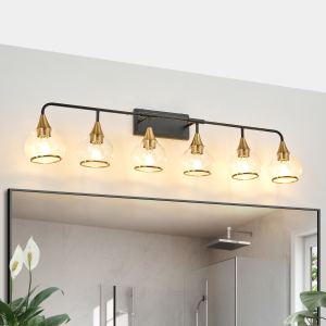 Applique salle bain 48" 6 lampes noir or, verre transparent