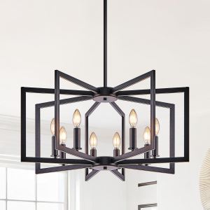 Lustre géométrique noir 8 lumières 27po style industriel