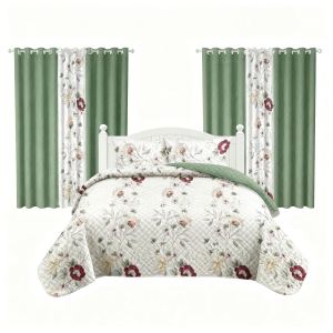 Ensemble literie 9 pcs vert sauge botanique rideau