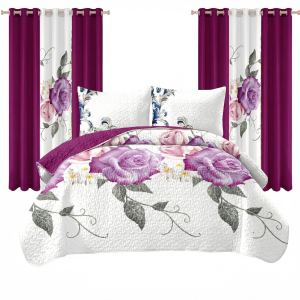 Ensemble literie 9 pcs magenta rose floral rideau