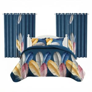 Ensemble literie 9 pcs bleu marine plume boho rideau