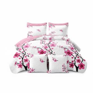 Courtepointe floral rose 5 pcs taies coussins microfibre