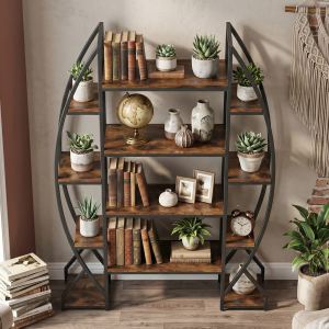 Oval Bookshelf Industrial Vintage Metal Wood Bookcase For Displaying Collectibles Books Photo Frames Decorative Items