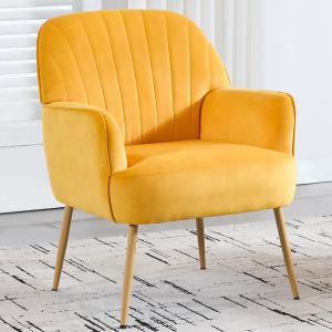 Fauteuil d'accent velours, chaise tonneau, pattes métal, jaune