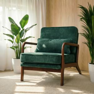 Fauteuil lounge mi-siècle, accoudoirs bois, coussin lombaire, vert foncé