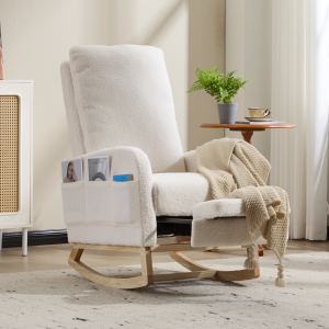 Chaise berçante accent moderne, dossier haut, repose-pieds blanc