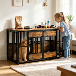 Caisse chien bois meuble grand, niche avec rangement, cage intérieure