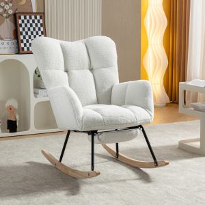 067-Chaise berçante tissu Teddy avec repose-pieds - Ivoire