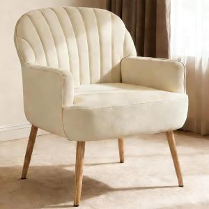 Velvet Accent Chair, Modern Upholstered Living Room Chairs, Luxury Single Sofa Armchair with Metal Legs, Comfy Barrel Chairs for Living Room, Waiting Room, Bedroom, Office and Cafe, Beige