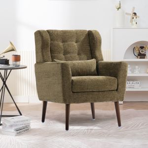 Fauteuil accent moderne tissu chenille, pieds bois, vert olive avec coussin