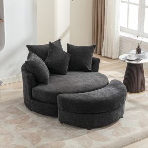 Fauteuil tonneau pivotant 360° Orisfur rangement ottoman et 4 coussins gris