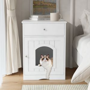 Meuble litière chat blanc bois, tiroir table nuit, animal