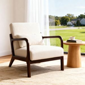 Fauteuil années 50 bois cadre beige
