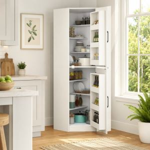 Garde-manger coin 70,87 po, portes, tablettes, blanc