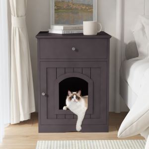 Boîte litière chat bois noire avec tiroir