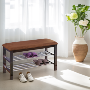 Banc chaussures bois, siège microfibre chocolat