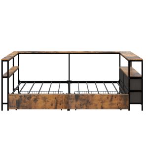 Twin Corner Daybed With Storage Drawers, Metal Platform Bed Frame, Black