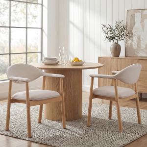 Upholstered Dining Chairs with Curved Back, Beige Fabric & Natural Rubber Wood Frame, Set of 2