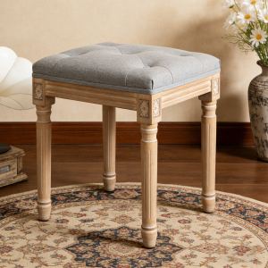 Banc vanité capitonné lin pieds bois, gris
