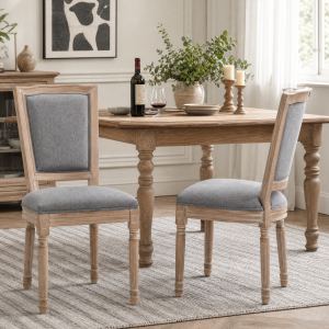 Chaises fermette bois avec coussin lin gris, 2 pièces