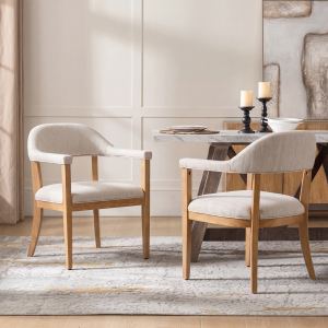 2 chaises din. bois naturel + beige, avec accoudoirs