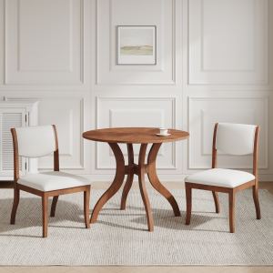 Ensemble table ronde noyer 39.4po + 2 chaises, bois massif traditionnel