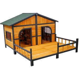 Niche chien XL bois surélevée, porche, résistante