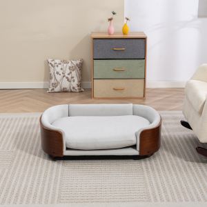 Lit chien design scandinave bois, velours gris clair, grand