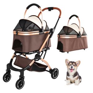 Poussette animal 2-en-1 4 roues pliable kaki or