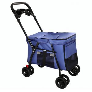 Poussette animaux 4 roues pliable, mailles, suspension, frein, bleu marine