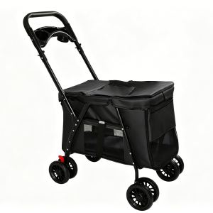 Poussette animaux 4 roues pliable, mailles, suspension, frein, bleu marin
