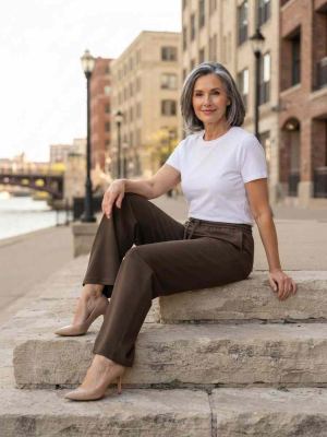 Pantalon long femme jambe droite décontracté