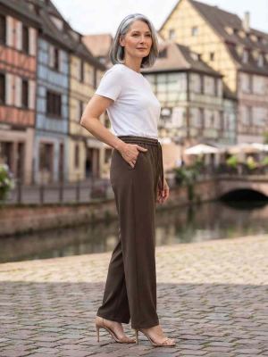 Pantalon femme casual, jambe droite, cordon de serrage