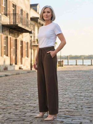 Pantalon femme casual, jambe droite, cordon de serrage