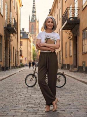Pantalon long femme jambe droite décontracté