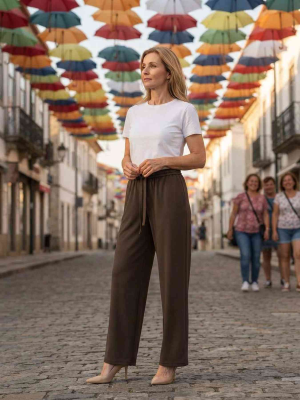Pantalon décontracté femme jambe droite avec cordon