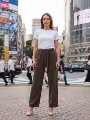 Pantalon décontracté femme jambe droite avec cordon