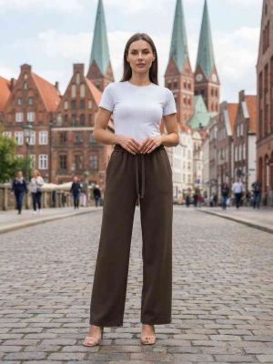 Pantalon femme long, coupe droite, style décontracté avec cordon