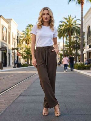 Pantalon décontracté femme jambe droite avec cordon