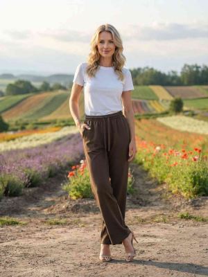 Pantalon femme long, coupe droite, style décontracté avec cordon