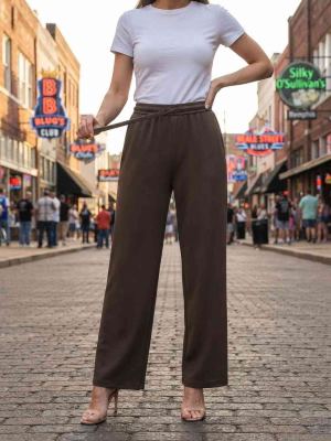 Pantalon décontracté femme jambe droite avec cordon