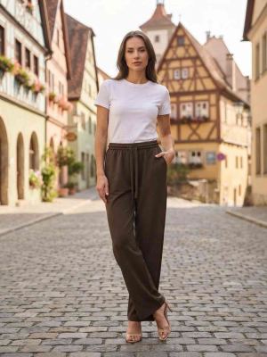 Pantalon femme long jambe droite casual sportif à cordons