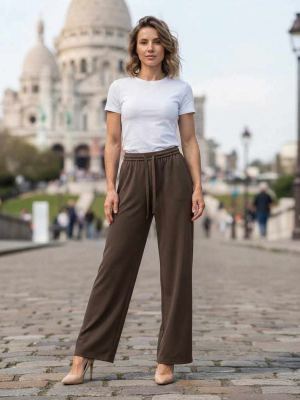 Pantalon long femme casual, jambe droite, sportif, cordon de serrage