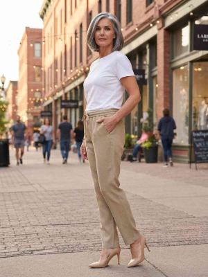 Pantalon long femme casual, jambe droite, sportif, cordon de serrage