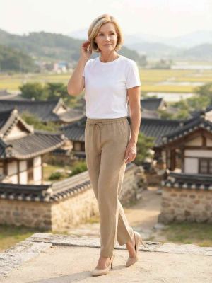 Pantalon femme long, coupe droite, style décontracté avec cordon